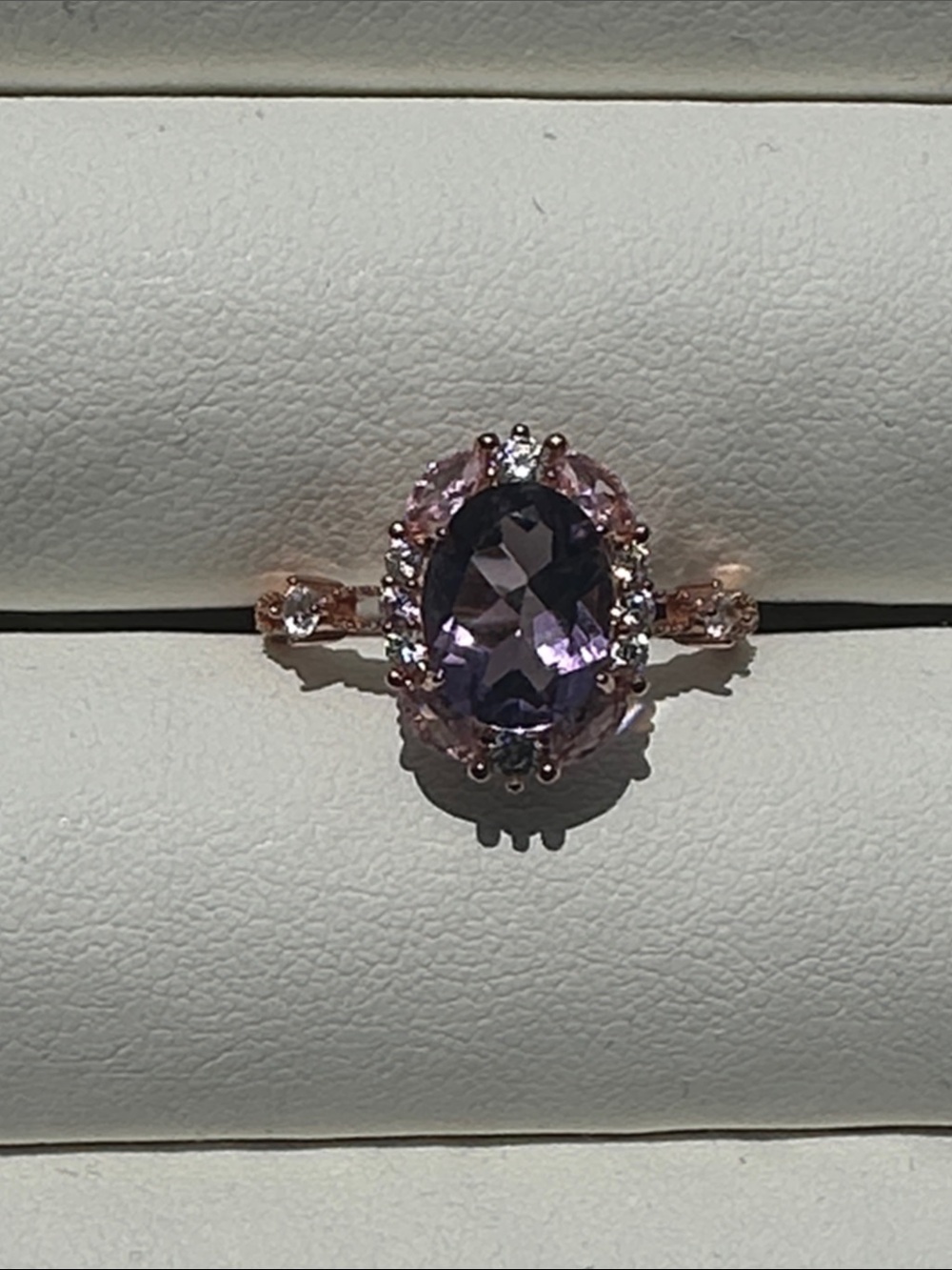 Rose Gold Amethyst Halo Oval Ring - Purple Gemstone